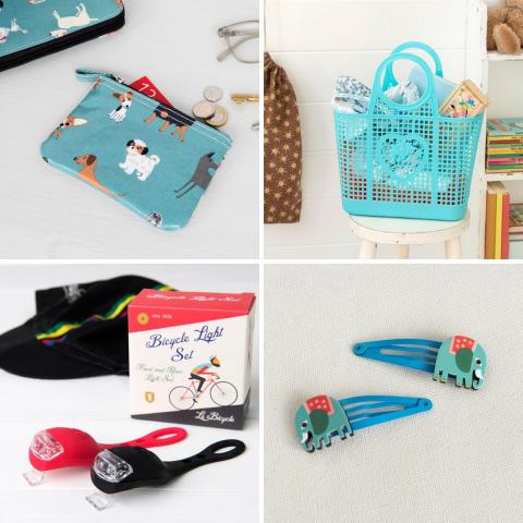 A montage of gifts - a purse, a basket, bike lights and hairclips