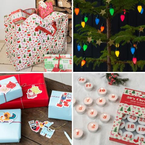 A montage of Christmas decorations - a jumbo bag, vintage lights, gift tags and advent tealights