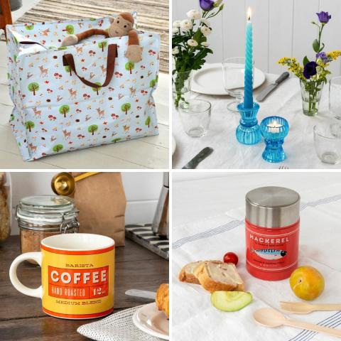 A montage of gifts - a jumbo bag, a blue candle holder, a mug and a food flask