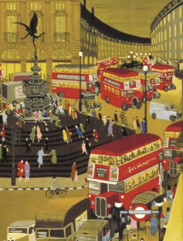 An archive image of Piccadilly Circus, filled with red Routemasters