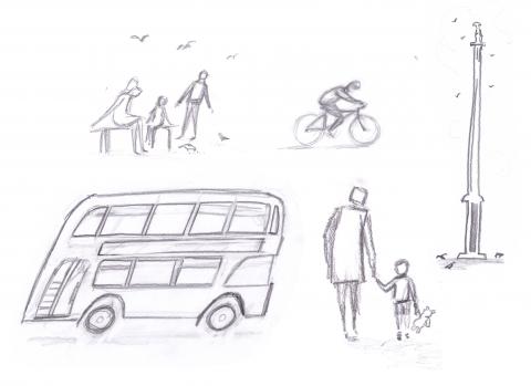 Pencil drawings of a bus, people walking, a cyclist and a lamp post