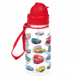 Children's water bottle with vintage cars and vehicles print, red lid and red carry strap