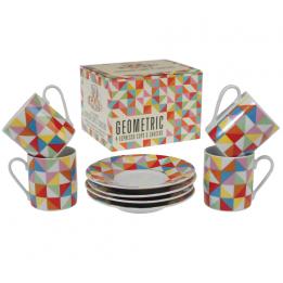 Set Of 4 Multicolour Geometric Espresso Cups And Saucers