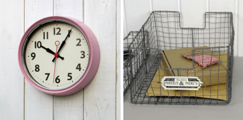 wall clock and wire basket from dotcomgiftshop