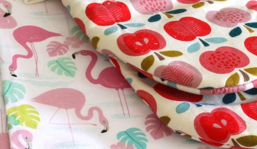 flamingo pattern cloth and apple pattern over glove