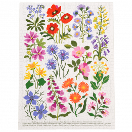 Completed 1000 piece jigsaw puzzle with images of various wild flowers